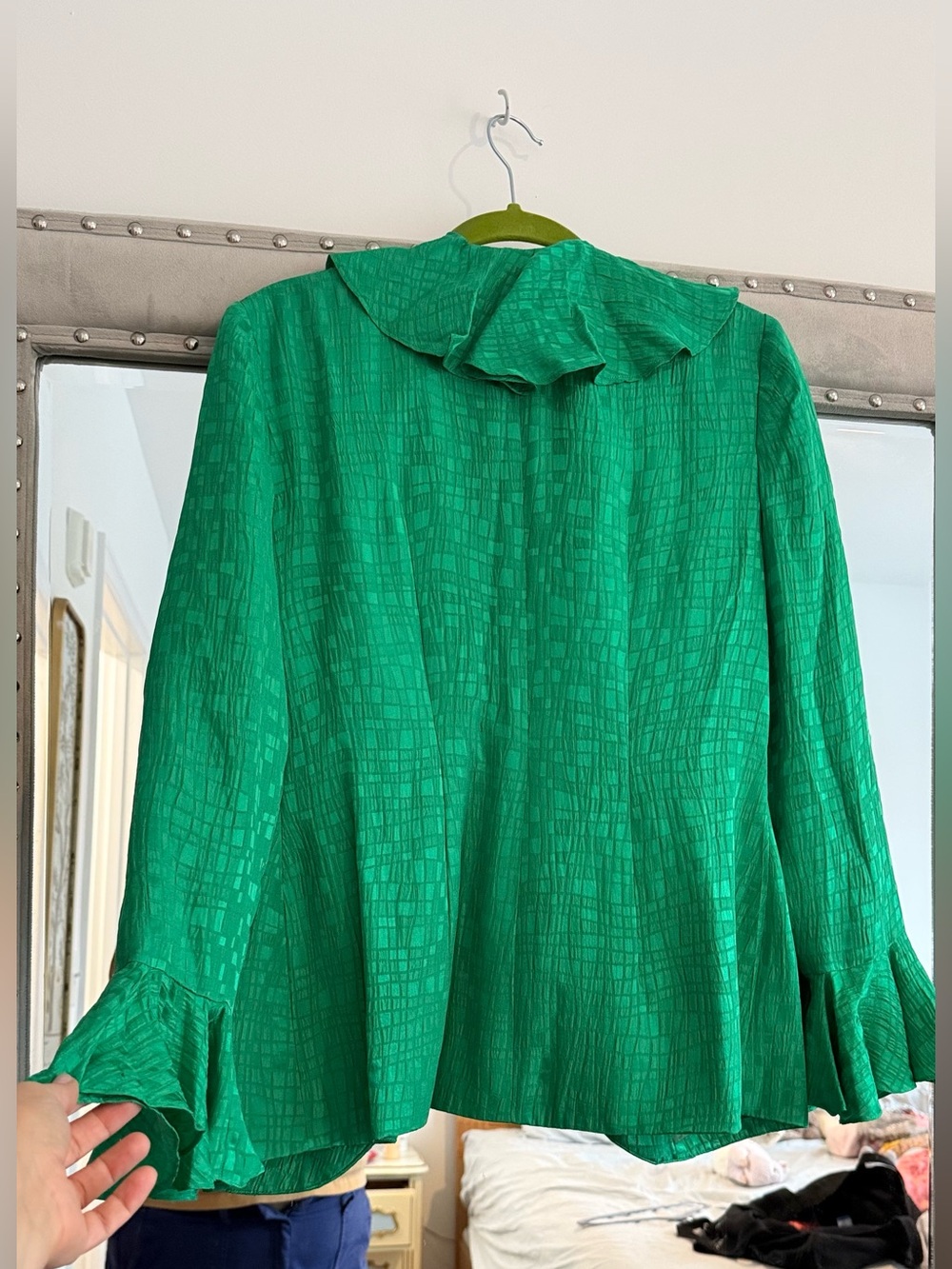 Vintage 80s Green Rimini Silk Blazer Ruffles & Rhinestone Closure - Picture 8 of 10